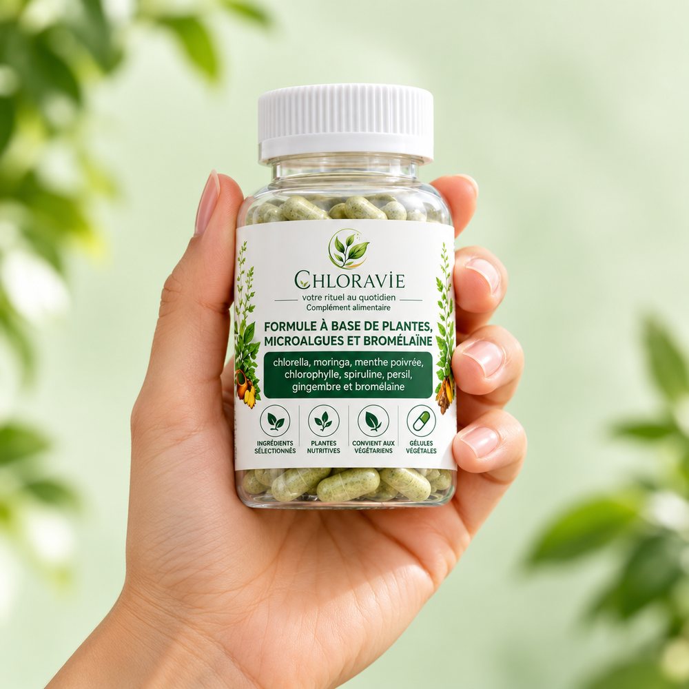 Une main tient le flacon Chloravie de 60 gélules